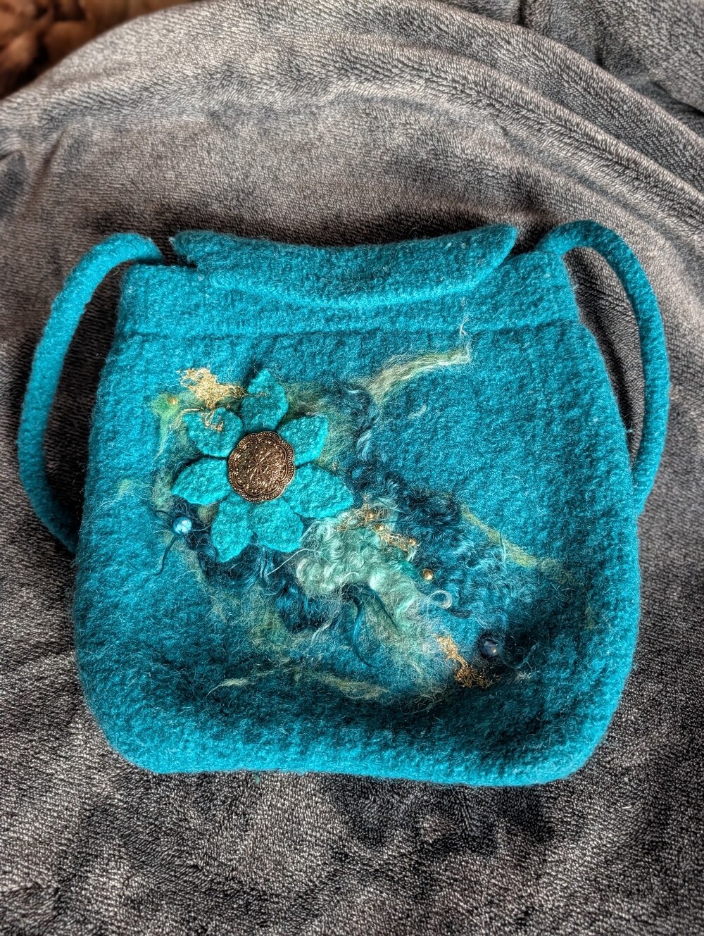 Handmade Felted Wool Crossbody Bag Turquoise Floral Concho Purse
